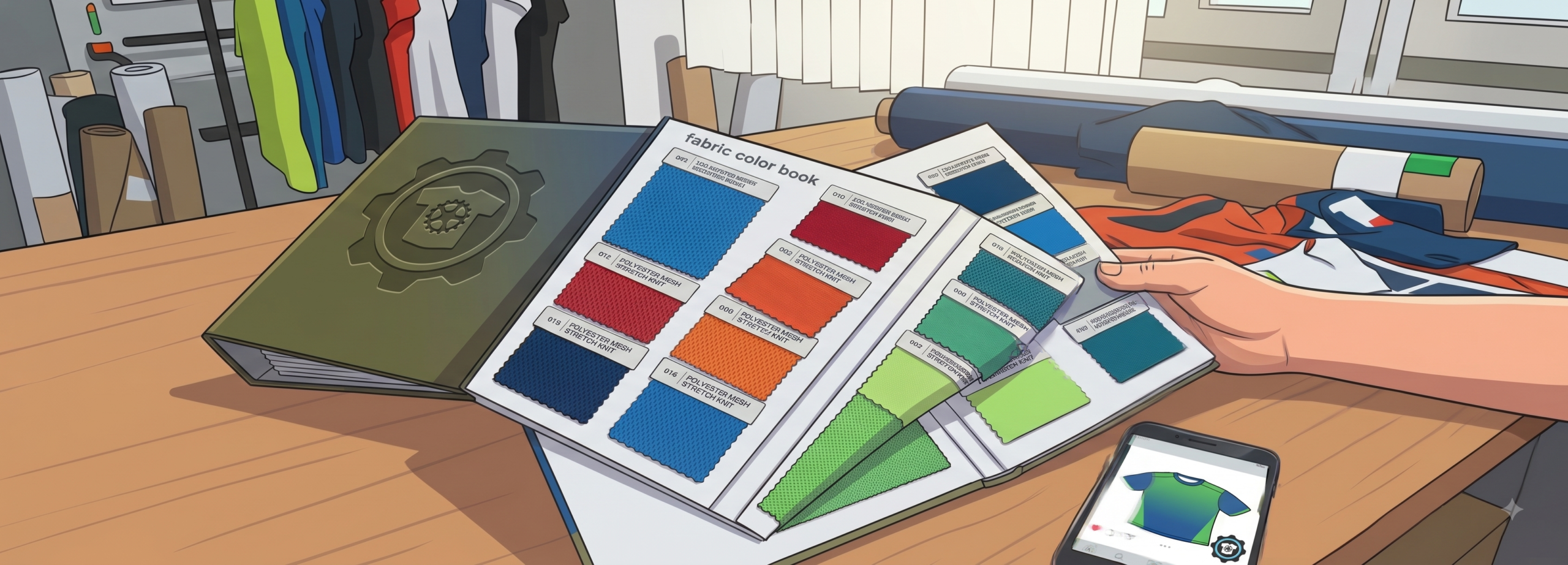 Colorcards showing the different color options for printing fabric at Sportswear of Tomorrow