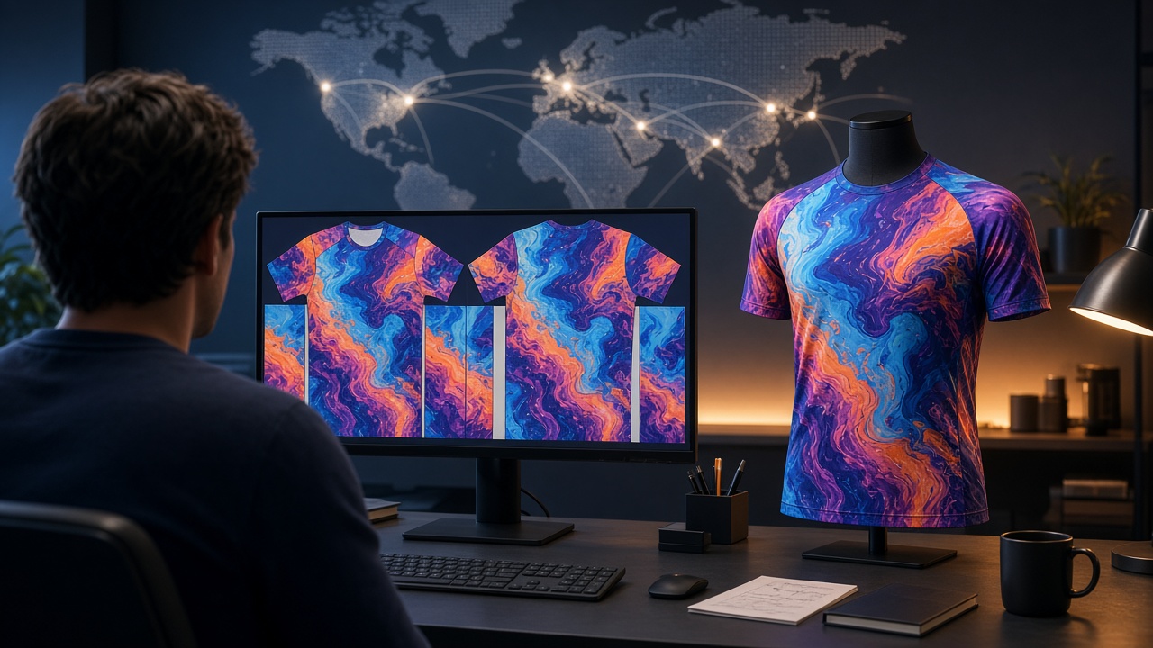 Designer at a screen showing an AI-generated sportswear jersey design next to the finished sublimated jersey, with a subtle world map of production and shipping routes