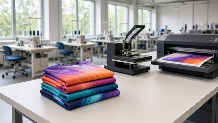 Modern European sportswear factory producing a small batch of sublimated cycling jerseys on demand, with clean workstations and no surplus stock
