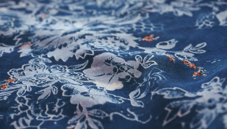 Close-up of a printed floral pattern on navy fabric, textile print innovation
