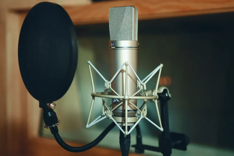 Studio microphone with pop filter, setting for a sportswear industry interview