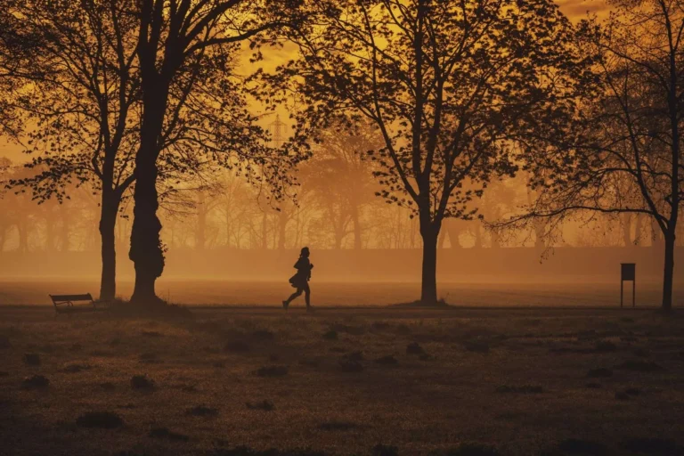 Silhouette of a runner in a misty park at sunrise, for a private label running apparel guide