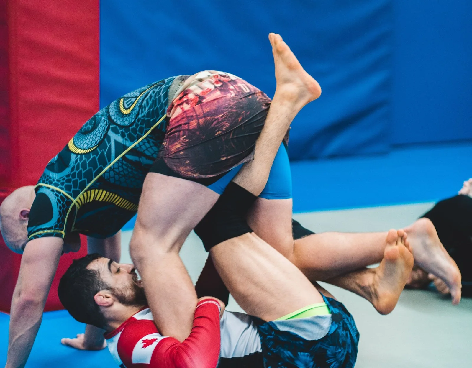 Two athletes in printed no-gi rashguards grappling on blue training mats